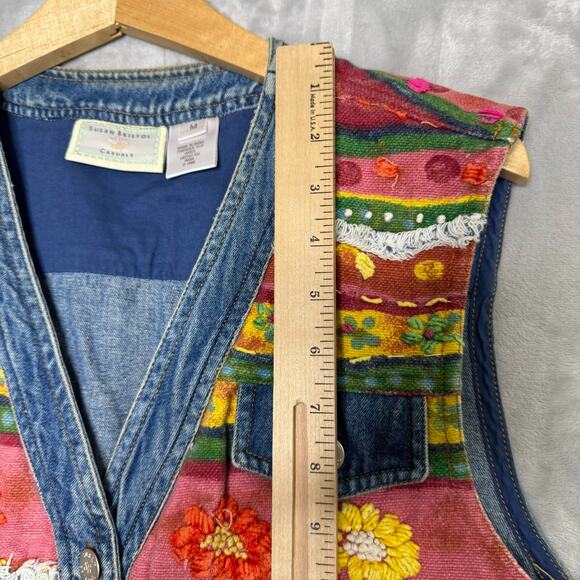 Susan Bristol Denim Vest M Vtg 90's Y2K Button Down Colorful Artsy Floral Indie - Picture 7 of 8